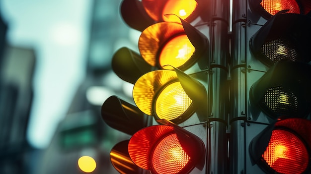 Photo illustration of at a busy intersection a traffic light stands tall