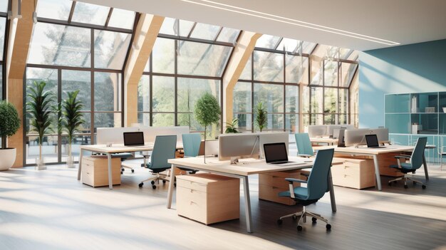 Illustration of a busy office filled with desks and computers