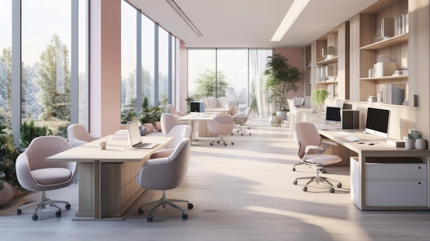 Illustration of a busy office space filled with desks and chairs