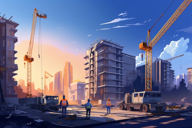 Illustration of busy work on construction site construction concept