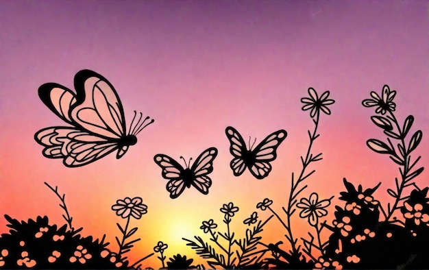 Illustration of butterflies flying near flowers against a sunset background