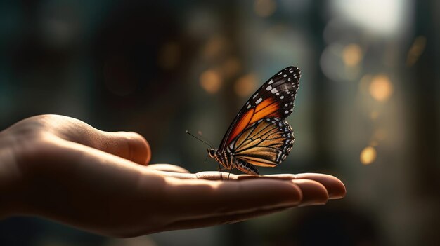 Illustration of a butterfly perched on a child's hand beautiful buterfly