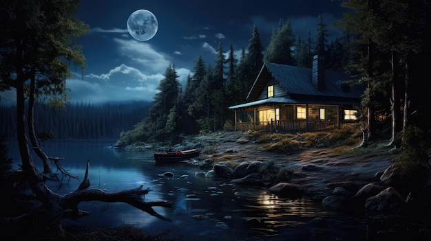 Photo a illustration of a cabin by a lake at night