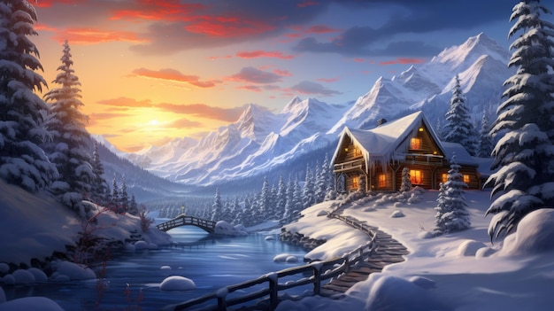 a illustration of a cabin in a snowy landscape