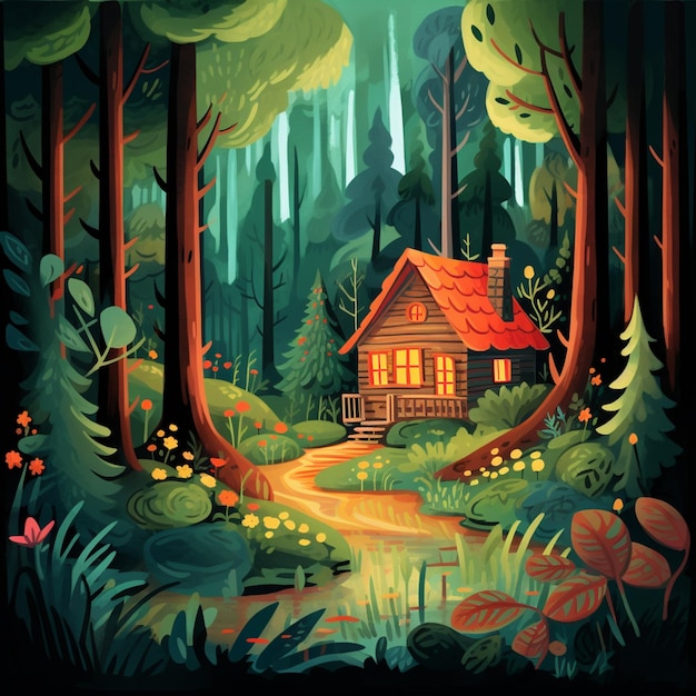 Illustration of a cabin in the woods with a pathway leading to it generative ai