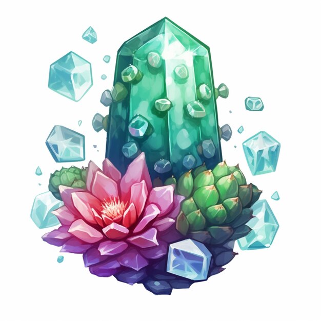 иллюстрация кактуса и кристалла с генеративным цветком ai