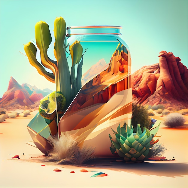 Foto illustrazione di un cactus in un barattolo su uno sfondo del deserto