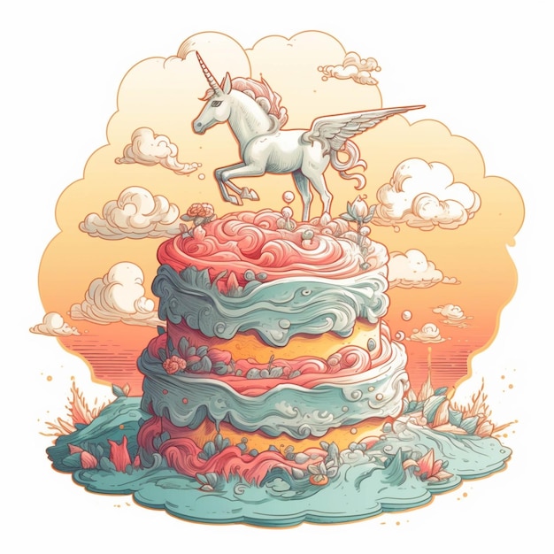 Illustration of a cake with a unicorn on top of it generative ai