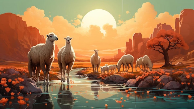 Illustration of a camel in the desert for eid background