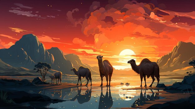 Photo illustration of a camel in the desert for eid background