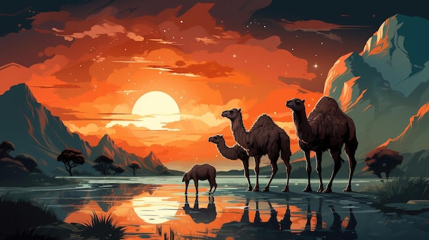 Photo illustration of a camel in the desert for eid background