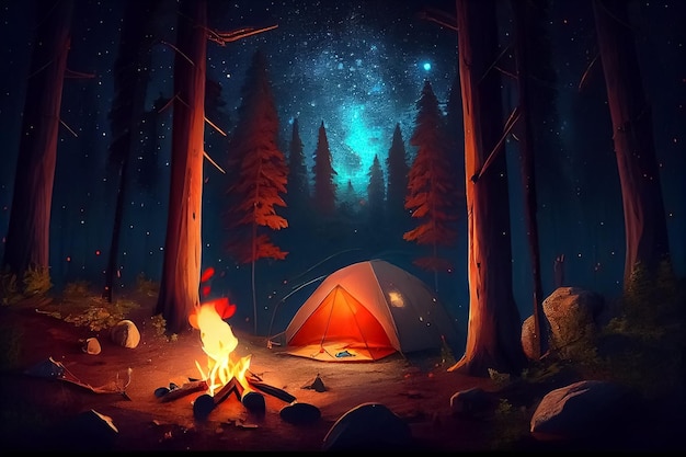 Illustration of camp tent and bonfire at starry night AI