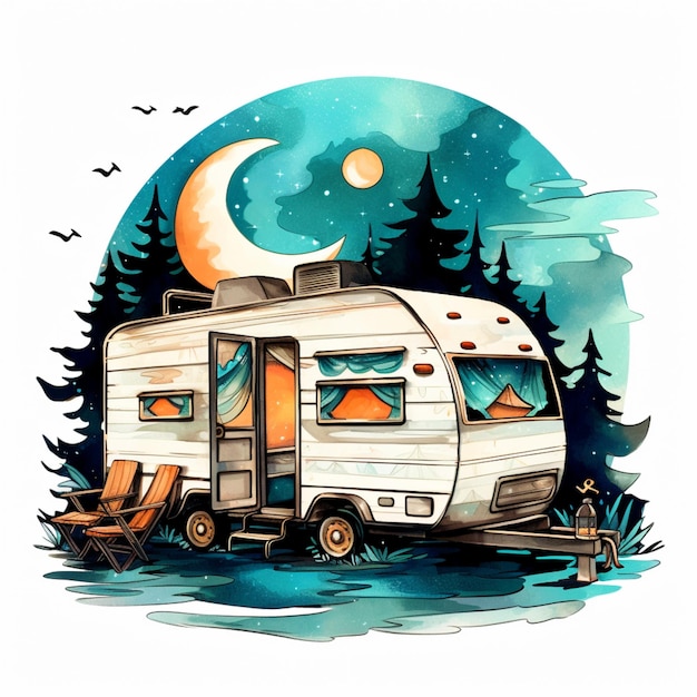 illustration of a camper trailer with a moon and a chair generative ai