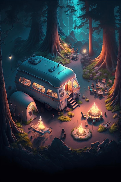An illustration of a camper in the woods generative ai
