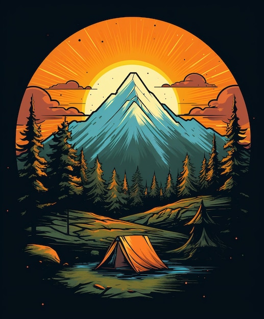 illustration of a camping scene in the mountains