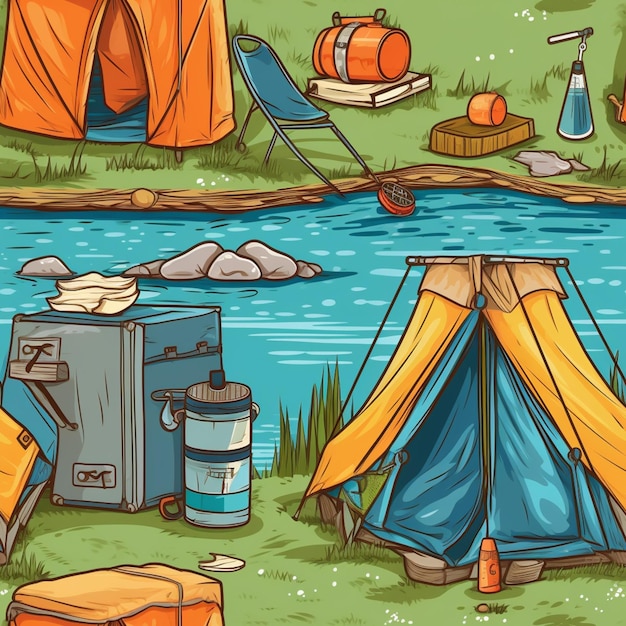 Photo illustration of a camping site with a lake and a tent generative ai