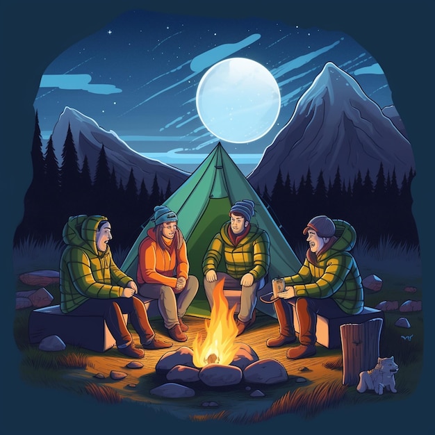 Illustration of a camping trip campfire at canada