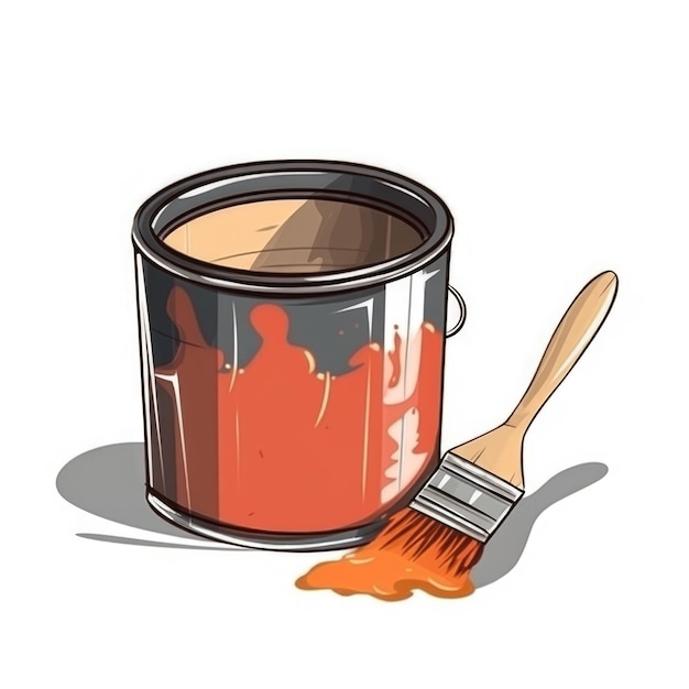 Illustration of a can of paint and a brush on a white background Cartoon style AI generative