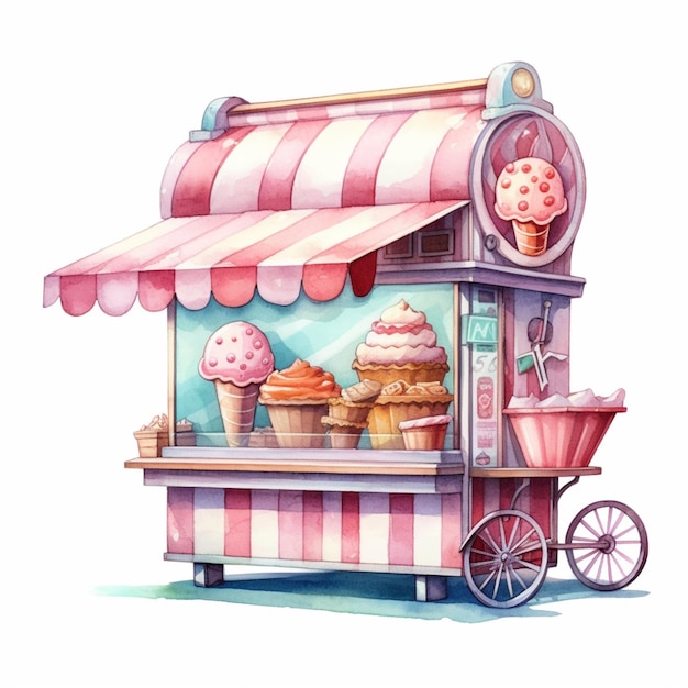 カップケーキとアイスクリームのカートを備えた駄菓子屋のイラスト生成 AI