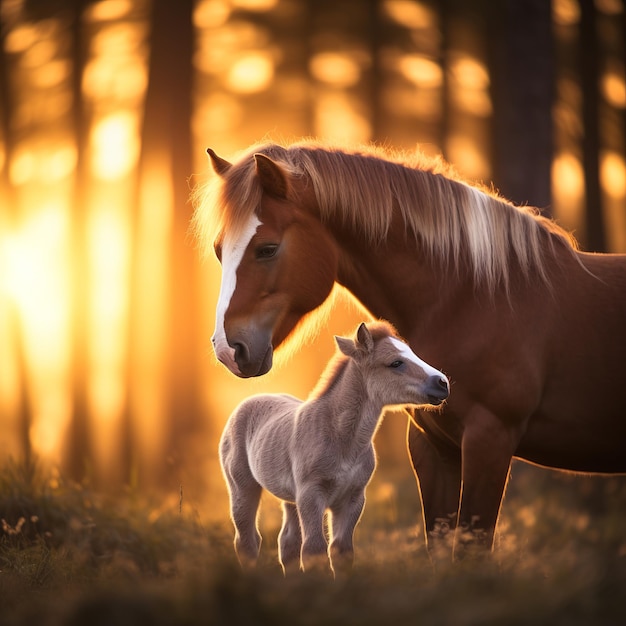 Illustration of capture the love between mom horse and baby horse