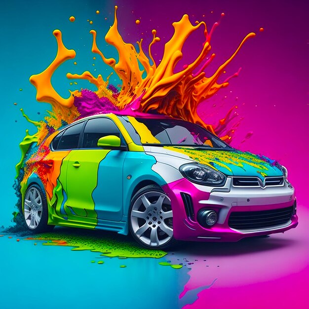 Illustration of car covered with splash colorful paint rainbow background generated by ai