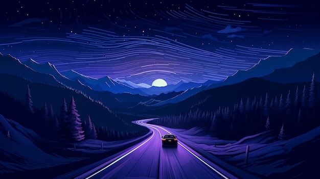 An illustration of a car driving down a road at night with mountains in the background AI Generated