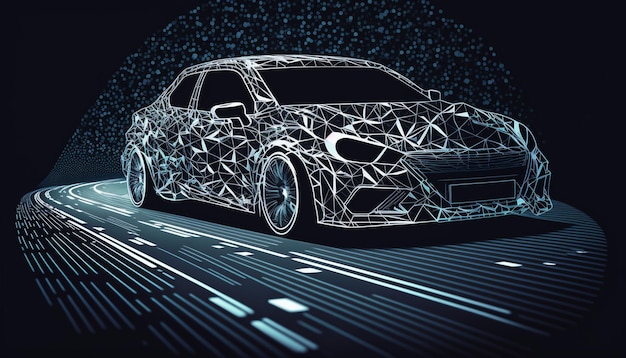 Illustration of a car made of lines and dots on a dark blue background