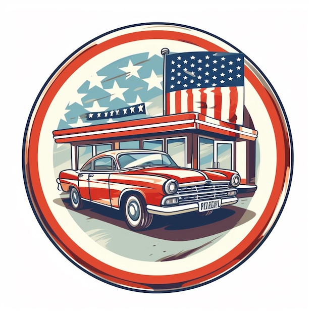 Photo illustration of a car parked in front of a diner with an american flag generative ai