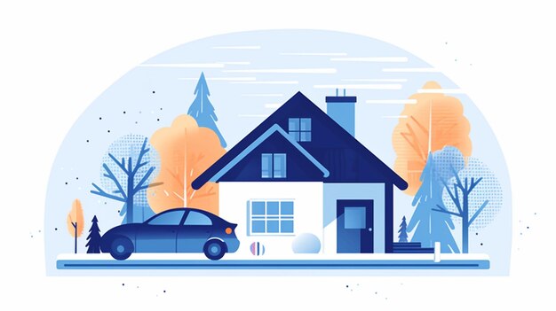 Photo illustration of a car parked in front of a house with a snowman generative ai