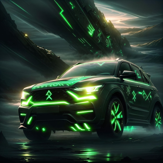 illustration of a car with glowing green runes