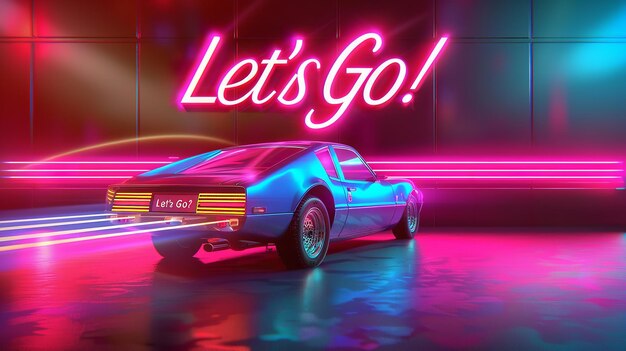 Foto un'illustrazione di un'auto con scritto lets go su di essa con un grande spazio per il testo o la pubblicità del prodotto sullo sfondo con sfondo luminoso al neon generativo ai