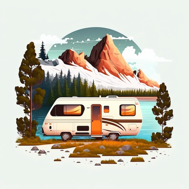 Photo illustration of a caravan camping in beautiful landscape created with generative ai