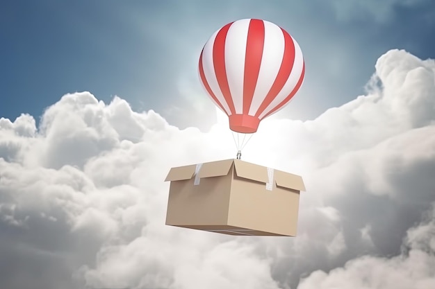 Photo illustration of cardboard box and parachute in the sky online sales concept generative ai