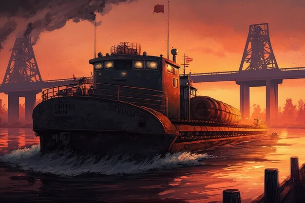 Illustration of a cargo barge transporting goods on a river with a beautiful sunset in