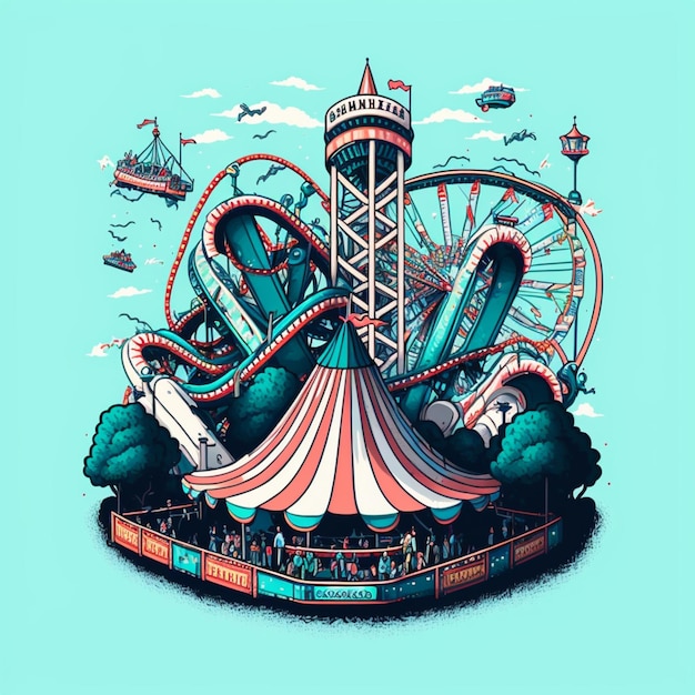 Illustration of a carnival ride with a giant ferris and a carousel generative ai
