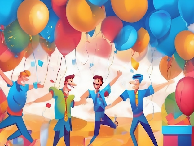 Illustration of a cartoon backdrop with smiling men in abstract celebration decoration