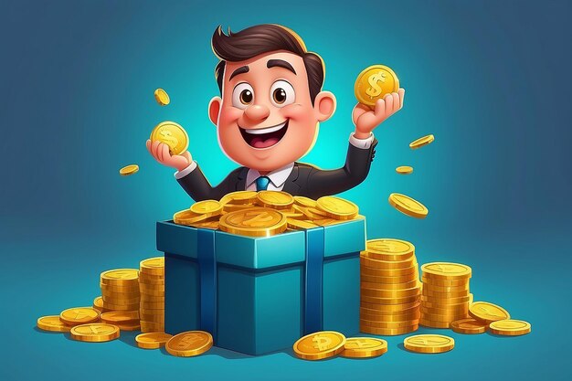 Illustration of cartoon businessman with gold coins in gift box in bonus concept