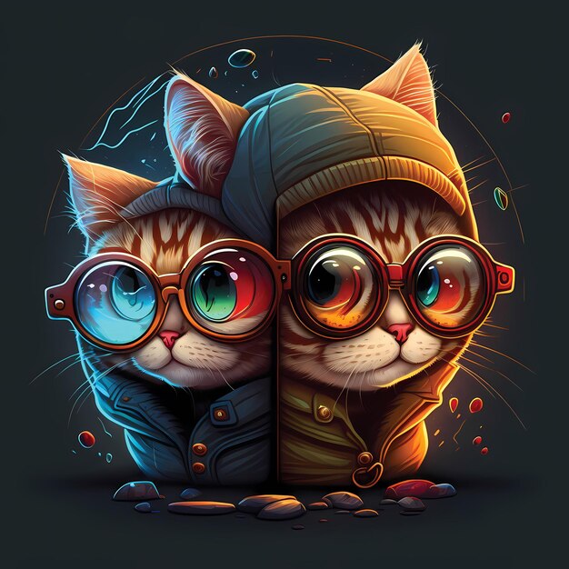 Illustration of cartoon cat character, wearing glasses, trendy\
and cool design