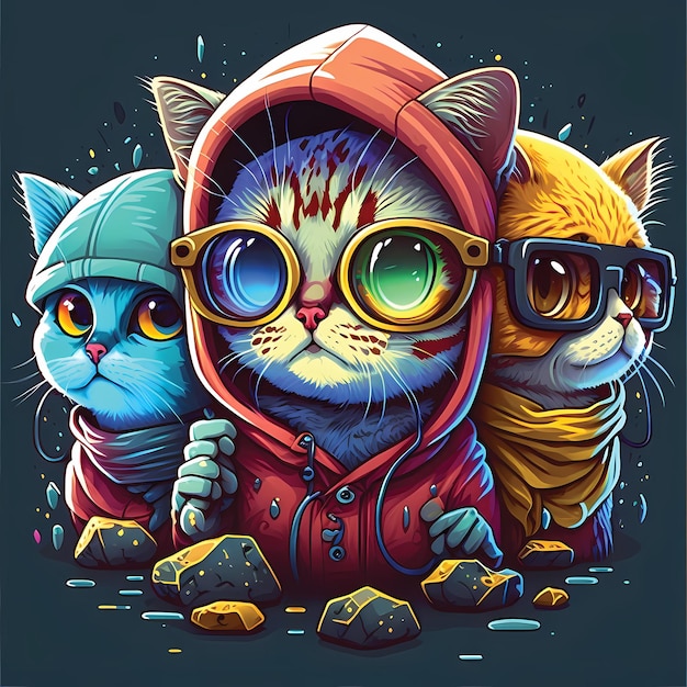 Illustration of cartoon cat character, wearing glasses, trendy\
and cool design