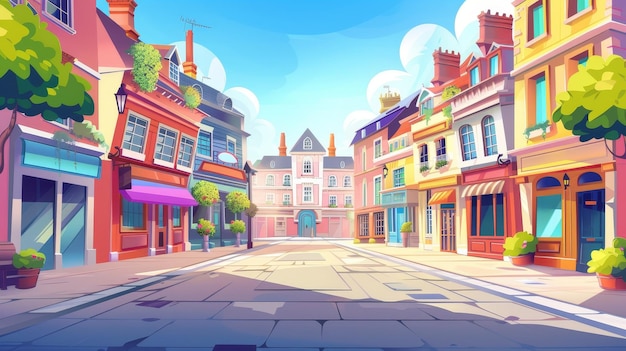 An illustration of a cartoon city street London39s Mayfair district Perfect for a horizontal banner or advertisement Empry neighborhood can be used for video games