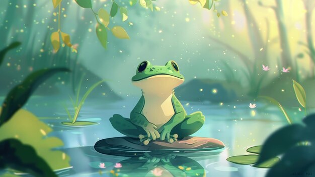 Photo illustration cartoon of a cute frog meditating on water