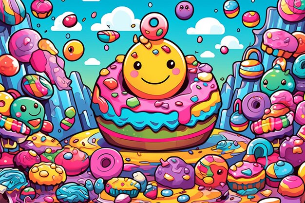 Иллюстрация мультфильма с пончиком, окруженным конфетами и конфетами