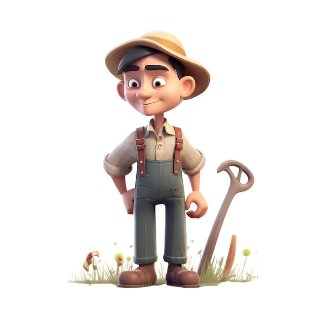 Иллюстрация мультяшного фермера с лопатой на белом фоне