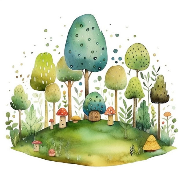 illustration of a cartoon forest with a house and trees generative ai