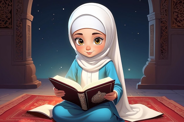 Illustration of Cartoon girl reading Quran