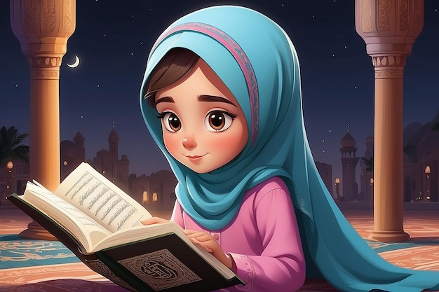 Illustration of Cartoon girl reading Quran