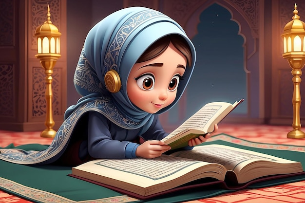 Illustration of Cartoon girl reading Quran