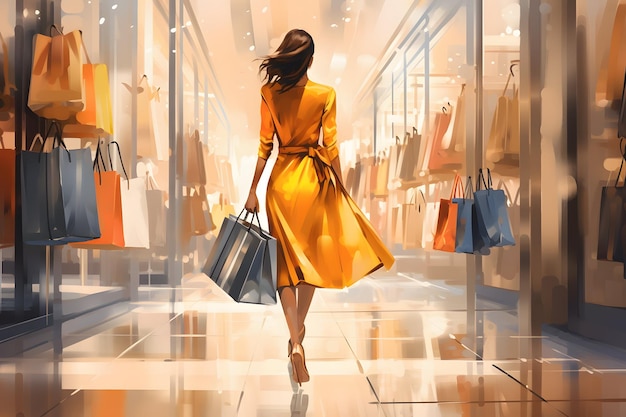 Illustration cartoon of a girl in a yellow dress carrying shopping bags