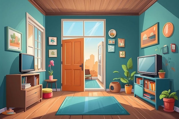 Illustration of a cartoon home interior with living room door entrance