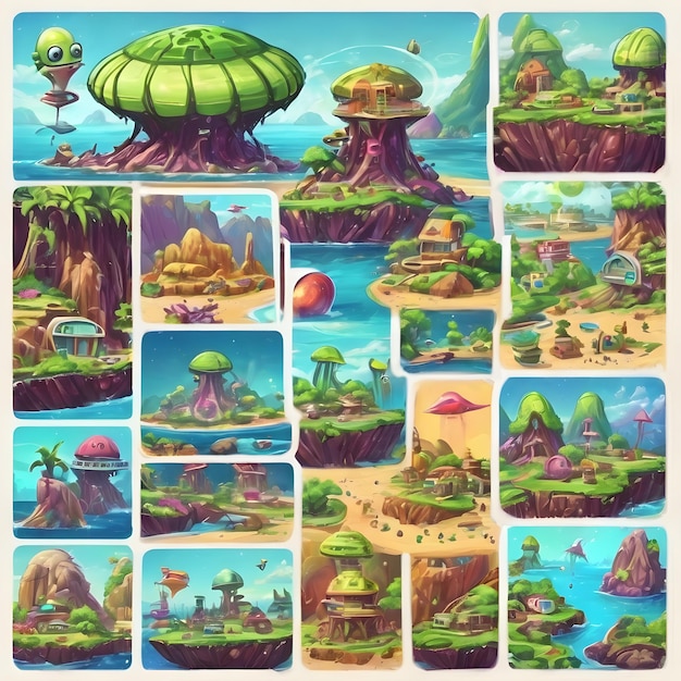 Photo illustration cartoon island design alien background vector landscape fantasy nature planet